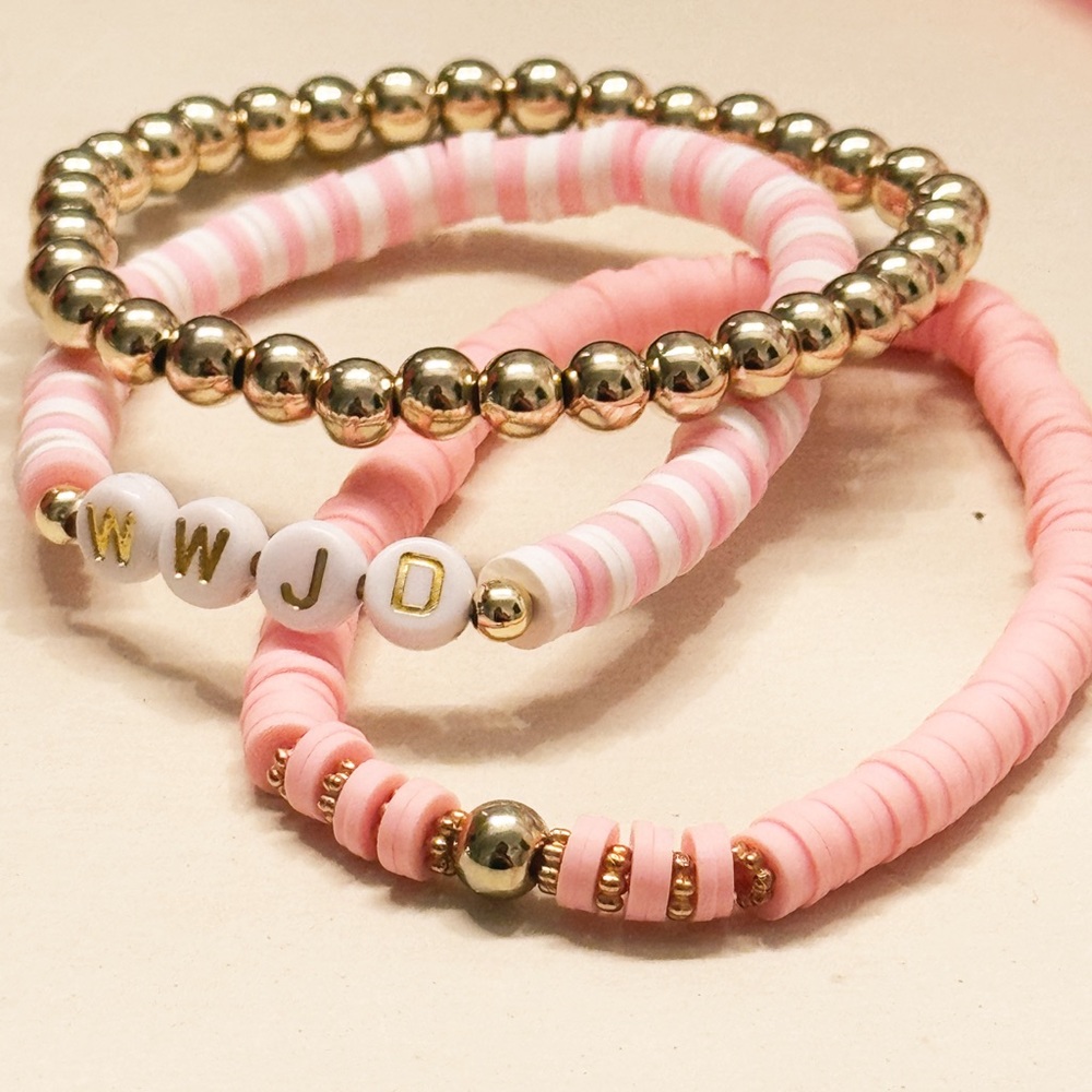 WWJD Pink & Gold Pastel Clay Christian Faith Jewelry Jesus Bracelet Heishi Style